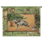 Gray Wolf by Anita Phillips - Woven Tapestry Wall Art Hanging - Stark Rustic Forest Artwork with Owl - 100% Cotton Size 34x26