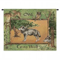 Gray Wolf by Anita Phillips - Woven Tapestry Wall Art Hanging - Stark Rustic Forest Artwork with Owl - 100% Cotton Size 34x26