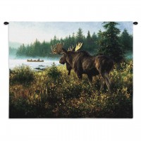 In His Domain by Robert Duncan - Woven Tapestry Wall Art Hanging - Contemplative Bull Moose Standing Quietly on Lake - 100% Cotton Size 34x26