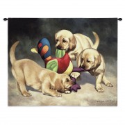 I've Got It by Bob Christie - Woven Tapestry Wall Art Hanging - Labrador Puppies Playing with Toy - 100% Cotton Size 34x26