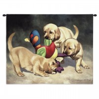 I've Got It by Bob Christie - Woven Tapestry Wall Art Hanging - Labrador Puppies Playing with Toy - 100% Cotton Size 34x26