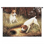Jack Russell Terrier by Robert May - Woven Tapestry Wall Art Hanging - Pair of Dogs Exploring Forest Oil Painting - 100% Cotton Size 34x26
