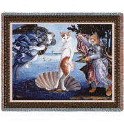 Kitty on a Half Shell - Sandro Botticelli's The Birth of Venus Parody - Melinda Copper - Cotton Woven Blanket Throw -  (72x54)