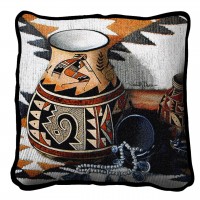 Kokopelli Pot Textured Hand Finished Elegant Woven Throw Pillow Cover 100% Cotton  Size 17x17
