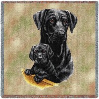 Labrador Retriever with Puppy Black Lab - Robert May - Lap Square Cotton Woven Blanket Throw -  (54x54)