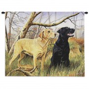 Labrador Retrievers by Robert May - Woven Tapestry Wall Art Hanging - Black and Yellow Lab in Woods Oil Painting - 100% Cotton Size 34x26