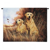 Labrador Retrievers Yellow by Robert May - Woven Tapestry Wall Art Hanging - Dog Pair in Field Oil Painting - Cotton - Size 34x26