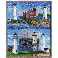 Lighthouses of New England - Boston, Black Island, Portsmouth, Nantucket, Mystic, Cape Cod - Cotton Woven Blanket Throw -  (72x54)
