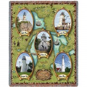 Lighthouses of the Great Lakes - Wind Point, Presque, Old Mission, Split Rock, Ludington - Cotton Woven Blanket Throw -  (72x54)