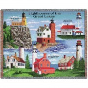 Lighthouses of the Great Lakes - Split Rock, Round Island, Whitefish, Rock Harbor, Outer Island, St Helena - Cotton Woven Blanket Throw -  (72x54)