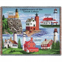 Lighthouses of the Great Lakes - Split Rock, Round Island, Whitefish, Rock Harbor, Outer Island, St Helena - Cotton Woven Blanket Throw -  (72x54)