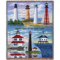 Lighthouses of the Gulf Coast - Point Isabel, Round Island, Biloxi, Chandeleur,New Canal,Bolivar,Mobile - Cotton Woven Blanket Throw - (72x54)