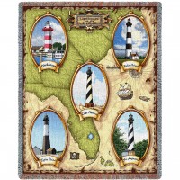 Lighthouses of the Southeast - Harbortown, Bodie Island, Cape Hatteras, Tybee Island, St Augustine - Cotton Woven Blanket Throw -  (72x54)