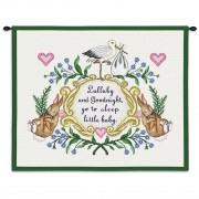 Lullabye and Goodnight - Woven Tapestry Wall Art Hanging - Whimsical Stork and Sleeping Bunnies Baby Room Decor - Cotton - Size 25x5x23