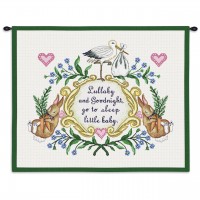 Lullabye and Goodnight - Woven Tapestry Wall Art Hanging - Whimsical Stork and Sleeping Bunnies Baby Room Decor - Cotton - Size 25x5x23