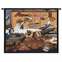 Mabel the Stowaway by Charles Wysocki - Woven Tapestry Wall Art Hanging - American Tourist's Suitcase with Feline Friend - Fun Cat Lover's Gift - Cotton - Size 34x26