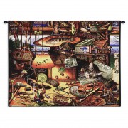 Max in Adirondacks by Charles Wysocki - Woven Tapestry Wall Art Hanging - Feline Asleep amongst Fishing Gear ' Fun Cat Lover's Gift - Cotton - Size 34x26