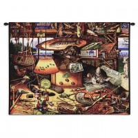 Max in Adirondacks by Charles Wysocki - Woven Tapestry Wall Art Hanging - Feline Asleep amongst Fishing Gear ' Fun Cat Lover's Gift - Cotton - Size 34x26