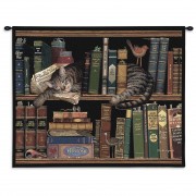 Max In the Stacks by Charles Wysocki - Woven Tapestry Wall Art Hanging - Sleeping Cat on Bookshelf - Fun Cat Lover's Gift - Cotton - Size 34x26