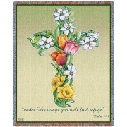 Mixed Bouquet Cross - Under His Wings You Will Find Refuge - Psalm 91:4 - Sympathy - Parker Fulton - Cotton Woven Blanket Throw -  (72x54)