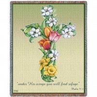 Mixed Bouquet Cross - Under His Wings You Will Find Refuge - Psalm 91:4 - Sympathy - Parker Fulton - Cotton Woven Blanket Throw -  (72x54)
