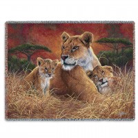 Motherly Lioness and Cubs - Lucie Bilodeau - Cotton Woven Blanket Throw -  (72x54)
