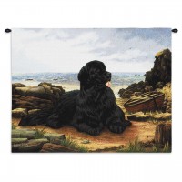 Newfoundland by Robert May - Woven Tapestry Wall Art Hanging - Dog Lying on Rocky Shore Oil Painting - 100% Cotton Size 34x26