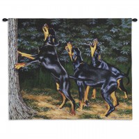 Night Song by Bob Christie - Woven Tapestry Wall Art Hanging - Dog Trio Barking Up a Forest Tree - 100% Cotton Size 34x26
