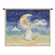 Nighty Night - Woven Tapestry Wall Art Hanging - Celestial Crescent Moon Carrying Baby to Bed - 100% Cotton Size 33x26