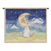 Nighty Night - Woven Tapestry Wall Art Hanging - Celestial Crescent Moon Carrying Baby to Bed - 100% Cotton Size 33x26