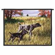 Now We Wait German Shorthaired Pointer by Bob Christie - Woven Tapestry Wall Art Hanging - Adult and Puppy Hunting in Grassy Field - 100% Cotton Size 34x26