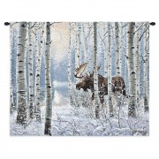 On the Move - Woven Tapestry Wall Art Hanging - Moose in Snowy Birch Landscape Rustic Cabin Lodge Decor - Cotton - Size 34x26