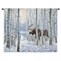 On the Move - Woven Tapestry Wall Art Hanging - Moose in Snowy Birch Landscape Rustic Cabin Lodge Decor - Cotton - Size 34x26