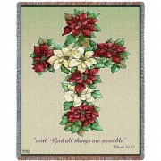 Poinsetta Cross - With God All Things Are Possible - Mark 10:27 - Sympathy - Parker Fulton - Cotton Woven Blanket Throw -  (72x54)