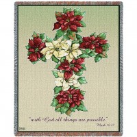 Poinsetta Cross - With God All Things Are Possible - Mark 10:27 - Sympathy - Parker Fulton - Cotton Woven Blanket Throw -  (72x54)