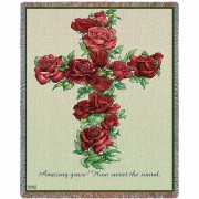 Red Roses Cross - Amazing Grace How Sweet The Sound - Sympathy - Parker Fulton - Cotton Woven Blanket Throw -  (72x54)