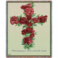 Red Roses Cross - Amazing Grace How Sweet The Sound - Sympathy - Parker Fulton - Cotton Woven Blanket Throw -  (72x54)