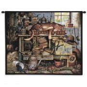 Remington The Horticulturist by Charles Wysocki - Woven Tapestry Wall Art Hanging - Sleeping Cat among Garden Tools ' Fun Cat Lover's Gift - Cotton - Size 34x26