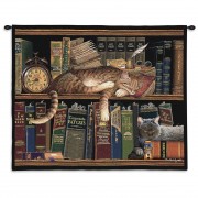Remington the Well Read by Charles Wysocki - Woven Tapestry Wall Art Hanging - Whimsical Sleeping Cats on Bookshelf - Fun Cat Lover's Gift - Cotton - Size 34x26