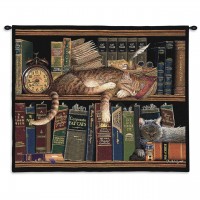 Remington the Well Read by Charles Wysocki - Woven Tapestry Wall Art Hanging - Whimsical Sleeping Cats on Bookshelf - Fun Cat Lover's Gift - Cotton - Size 34x26