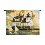 Rockland Breakwater Light by Charles Wysocki - Woven Tapestry Wall Art Hanging - Maine Harbor Lighthouse with Sailboats - Cotton - Size 34x26