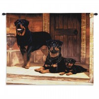 Rottweiler - Woven Tapestry Wall Art Hanging - Family of Dogs in Doorway - 100% Cotton Size 34x26