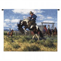 Rough Start - Woven Tapestry Wall Art Hanging - Western Cowboy Equestrian Taming Scene - 100% Cotton Size 34x26