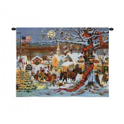 Town Christmas - Woven Tapestry Wall Art Hanging - Snowy Colonial New England Town with Horse Drawn Sled Festive Christmas Decor - 100% Cotton Size 34x26