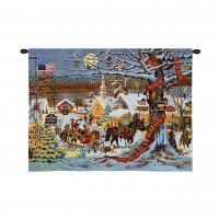 Town Christmas - Woven Tapestry Wall Art Hanging - Snowy Colonial New England Town with Horse Drawn Sled Festive Christmas Decor - 100% Cotton Size 34x26