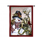 Snowman and Prancer - Woven Tapestry Wall Art Hanging - Snowy Christmas Decor with Santa's Reindeer - 100% Cotton Size 32x27