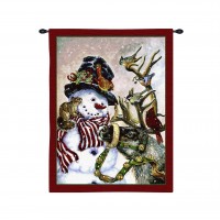 Snowman and Prancer - Woven Tapestry Wall Art Hanging - Snowy Christmas Decor with Santa's Reindeer - 100% Cotton Size 32x27