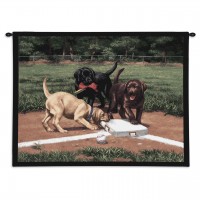 Stealing 2nd by Bob Christie - Woven Tapestry Wall Art Hanging - Adorable Colorful Labs Playing on Baseball Field - Cotton - Size 34x26