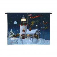 Take Out Window by Charles Wysocki - Woven Tapestry Wall Art Hanging - Festive Christmas Lighthouse Cottage with Snowman and Moose - 100% Cotton Size 34x26