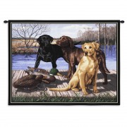 The Board Meeting by Bob Christie - Woven Tapestry Wall Art Hanging - Labradors Waiting on Dock with Ducks - Cotton - Size 34x26